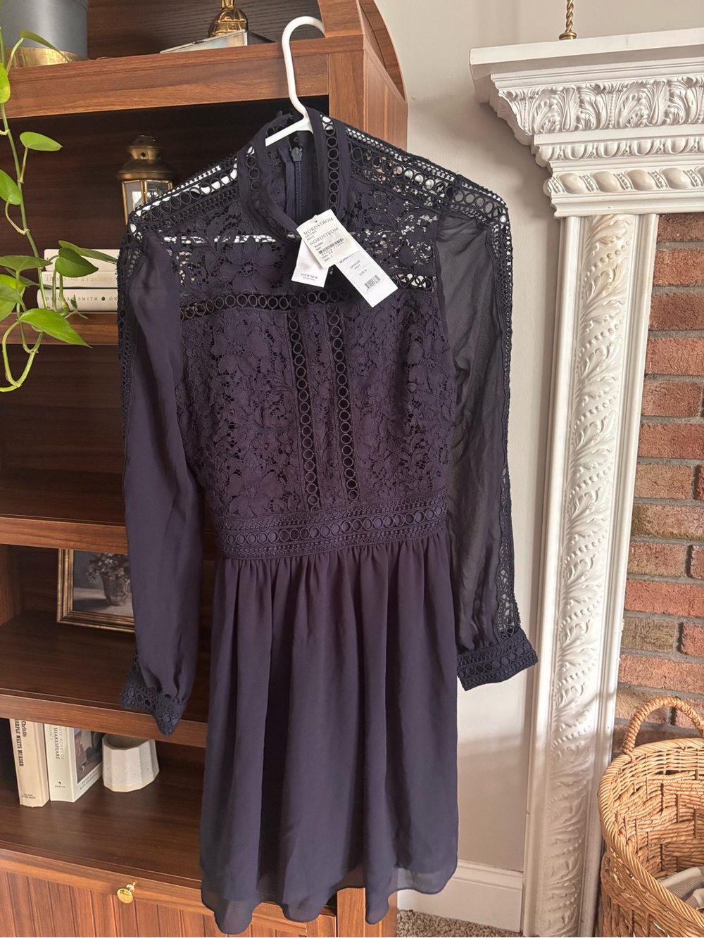 Nordstrom Lace-Detail Long Sleeve Midi Dress - navy